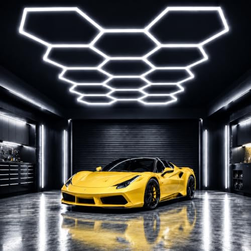 Hexagon LED Garage Lights, 58PCS Honeycomb Ceiling Light, DIY 14 Hex Lights | 58PCS Ultra Bright LED Tubes 6000K daylight illumination for garages, workshops, Gym,and car detailing areas - color: White