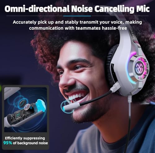 Tatybo Gaming Headset for PS5 PC, Noise Canceling Mic, RGB, White | Over Ear, Deep Bass Stereo Sound for FPS, Battle Royale, Lightweight for Xbox, PS4, Mobile, Nintendo, 3.5mm devices - color: WHITE