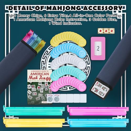 American Mahjong Tile Set, Mah Jong Set Complete with Bag, 166 White Tiles with Golden Dices for Travel, 4 All-in-One Mahjong Racks with Pushers (Blue) - color: Blue