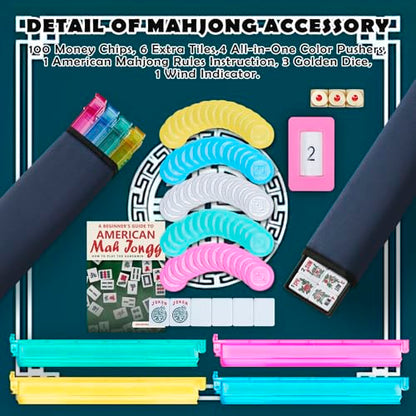 American Mahjong Tile Set, Mah Jong Set Complete with Bag, 166 White Tiles with Golden Dices for Travel, 4 All-in-One Mahjong Racks with Pushers (Blue) - color: Blue