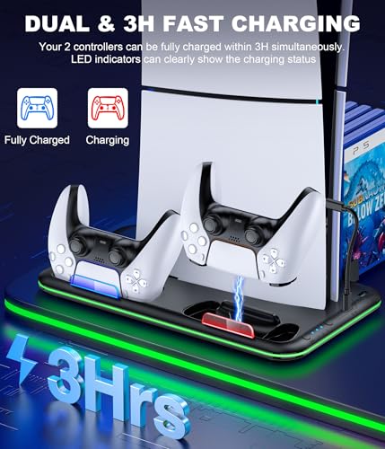 PS5/PS5 Slim Stand and Cooling Station with Controller Charging Station for Playsation 5, PS5 Accessories Kit Incl. 3 Levels Cooling Fan, LED, 15 Game Slot, Headset Holder for PS5 Digital/Disc Console - size: S-for PS5/Slim