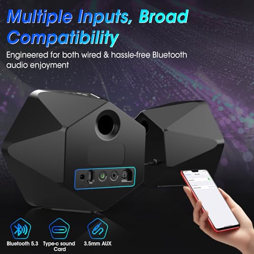 Computer Gaming Speakers, 50W Active Desktop Speakers with Infinity Mirror 3D Tunnel RGB (8 Modes), Bluetooth 5.3, AUX in, Headphone Out & Type-C Input, 3 EQ Modes, AC Powered for PC/Laptop/TV