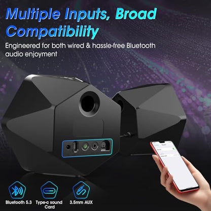 Computer Gaming Speakers, 50W Active Desktop Speakers with Infinity Mirror 3D Tunnel RGB (8 Modes), Bluetooth 5.3, AUX in, Headphone Out & Type-C Input, 3 EQ Modes, AC Powered for PC/Laptop/TV