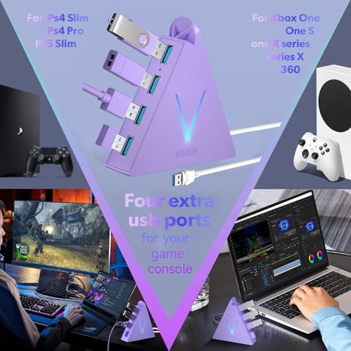 4-Port USB 3.0 Hub Tower with 2ft Cable - USB Splitter for Laptop,PC,PS4,PS5,Xbox,Mouse,Keyboard,Hard Drives,Mobile HDD(Light Purple) - color: LightPurple-A