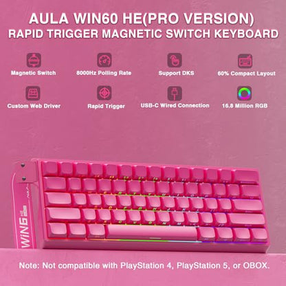 AULA WIN60 HE PRO 60% Mechanical Gaming Keyboard Wired, Magnetic Switch Hot Swappable, Adjustable Actuation Rapid Trigger Mode, 8000Hz Polling Rate, RGB Small Keyboard 60 Percent Compact Design for PC - color: Rose Pink, size: Pro Version