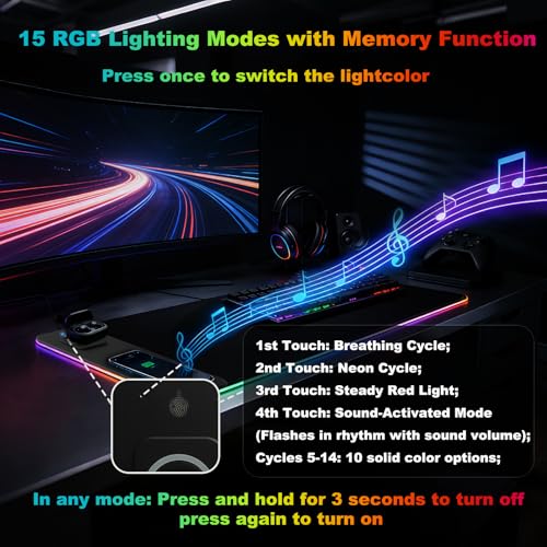 Gaming RGB Mouse Pad Wireless Charging XXL Desk Mat for Keyboard 15w Fast Charger 11 Led Light Modes Non-Slip Large Office Desk Pads on Top of Desks