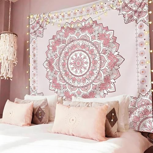 Pink Mandala Tapestry for Bedroom Aesthetic, Boho Art Large Wall Hanging | Bohemian Cute White Tapestries for Teen Girls, Hippie Floral Room Decor, Flower Backdrop for College Dorm Camping (90''x71'') - color: A Pink Mandala Tapestry, size: 90"L x 71"W