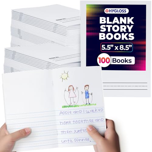 Hygloss Half Blank Books for Kids to Write Stories & Illustrate – Bulk 100 Pack – 5.5" x 8.5" A5 – Primary Journal for Grades K-2, Preschool/Kindergarten Notebook with Picture Space – 24 Pages, White - color: White, style: 100 Books