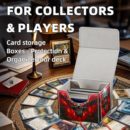 Trading Card Storage Box, Holds 100+ for MTG Cards, PU Leather with Magnetic Closure, Skull with Fiery Eyes and Winged Figures Durable Deck Box for Magic the Gathering, Trading Card Games - color: Skull with Fiery Eyes and Winged Figures