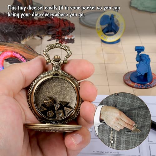 CZYY Mini Metal Polyhedral Dice Set, 6 mm Dice with Watch Shell Case | 7 Micro Metal Dice, Zinc Alloy, Pocket Watch Shell Case, RPG Gift, For Travel Games, Desk Displays & Dice Collections