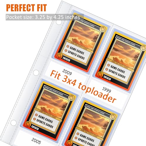 4 Pocket Top Loader Sleeves, Trading Card Binder Pages, Baseball Card Storage Sleeves for 3 Ring Binder-50 Pages