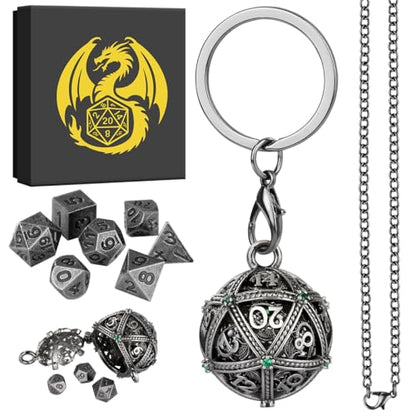 Mini DND Dice Set with Spherical Hollow D20 Metal Case Portable Keychain Necklace, Tiny 7pcs Polyhedral D&D Dice Set, DND Gifts with Gift Box, D&D Accessories for RPG（Green Diamond, Silver） - color: Dark Silver