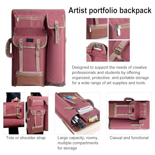 TRANSON Art Portfolio Case Artist Backpack Canvas Bag Large 26” x 19.5” - color: Brownish Red