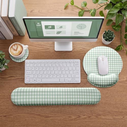 Tellegloww Wrist Rest Support for Mouse Pad&Keyboard Set, Green Gingham Checkered Circle Curved Ergonomic Mousepad&Coaster Non-Slip Base, Design for Office, Home, Laptop, Desktop Computer Keyboard - color: Green