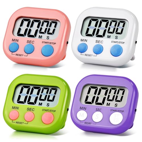 4 Pack Digital Kitchen Timer Magnetic Digital Timer with Big Display Loud Ring Cooking Timers for Cooking, Game, Gym, Break Time, Classroom (4, Pink, Purple, Green, White) - color: Pink,purple,green,white