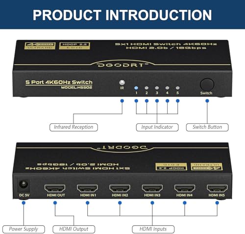 HDMI Switch 5 in 1 Out 4K@60Hz, DGODRT 5 Port HDMI Switcher Selector Box with Remote and Auto Switch, Support 3D HDR10 HDCP2.2, 5x1 Game Switcher Hub Compatible with PS5 Xbox Switch Roku Fire Stick
