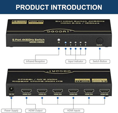 HDMI Switch 5 in 1 Out 4K@60Hz, DGODRT 5 Port HDMI Switcher Selector Box with Remote and Auto Switch, Support 3D HDR10 HDCP2.2, 5x1 Game Switcher Hub Compatible with PS5 Xbox Switch Roku Fire Stick