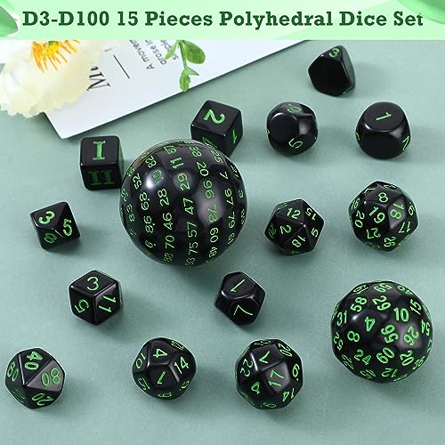 Civaner 15 Pcs Complete Polyhedral Dice Set D3-D100 Spherical RPG Dice Set in Opaque Black, 100 Sides for Role Playing Table Games Party Supplies(Black and Green) - color: Black and Green