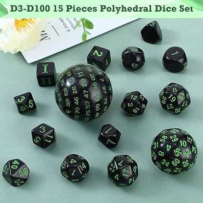 Civaner 15 Pcs Complete Polyhedral Dice Set D3-D100 Spherical RPG Dice Set in Opaque Black, 100 Sides for Role Playing Table Games Party Supplies(Black and Green) - color: Black and Green