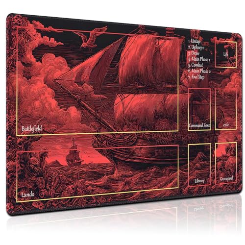 MTG Playmat 24x14 Inch | Optional Game Zone Layout | Non-Slip Rubber Base | Stitched Edges | Includes Free Storage Bag | for TCG, Board Games, and Desk Use(Bloodsail,with Zone) - color: Bloodsail, style: With zone