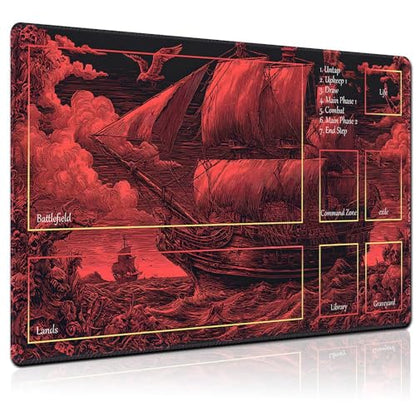 MTG Playmat 24x14 Inch | Optional Game Zone Layout | Non-Slip Rubber Base | Stitched Edges | Includes Free Storage Bag | for TCG, Board Games, and Desk Use(Bloodsail,with Zone) - color: Bloodsail, style: With zone