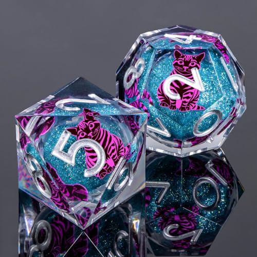 KERWELLSI Cat Liquid Core DND Dice Set with Gift Box, 7Pcs Resin Dungeons Sharp Edge D&D Dice, Dragons D and D Role Playing Dice D20 D12 D10 D8 D6 D4, Blue and Purple Cat - color: Blue Purple Cat