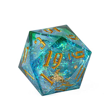 Cusdie Single D20 DND Dice with Sharp Edges and Glitter Foil Inclusions, 20 Sided D&D Dice, 33mm Handcrafted Polyhedral Dice, for Role Playing Game (Aqua) - color: Aqua Blue