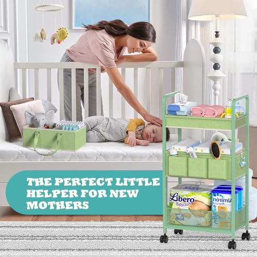 2in1 Baby Diaper Caddy Organizer Cart, 3-Tier Rolling Cart, Metal Diaper Caddy Carts, Bedside Carts for Nursery Essentials Storage, Detachable Dividers, Large Capacity, Green - color: Green