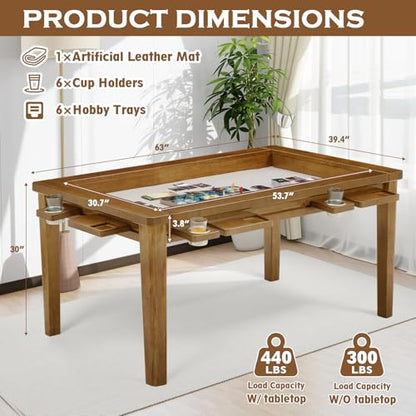 63"x39" Board Game Table with Removable Top Solid Wood Dining/Gaming Table | Gaming Table for 4-6 Players with Play Mat, 6 Detachable Cup Holders & 6 Hobby Trays (Light Walnut) - color: Light Walnut