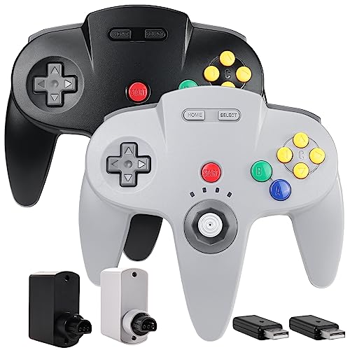 2 Pack Wireless N64 Controller for Switch 1 & 2, N64 Console, Black/Gray | (Built-in Vibration) (Rechargeable) (3D Analog Stick), 2.4 GHz USB & N64 Receiver Made for Switch Online, Windows PC, macOS - color: Black/Gray