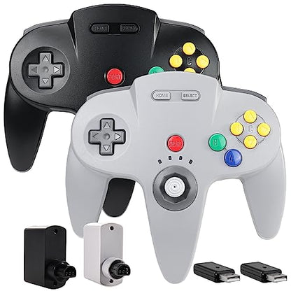 2 Pack Wireless N64 Controller for Switch 1 & 2, N64 Console, Black/Gray | (Built-in Vibration) (Rechargeable) (3D Analog Stick), 2.4 GHz USB & N64 Receiver Made for Switch Online, Windows PC, macOS - color: Black/Gray