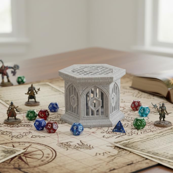 Dice Jail with Secure Clip-On Lid - Fun Dungeon Cage Prison for Tabletop RPG Polyhedral Dice Games (Includes Free 7-Piece Polyhedral Dice Set) (Marble) - color: Marble Color