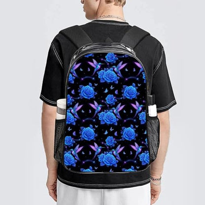 Stadium Approved Heavy Duty Clear Bookbag Adjustable Shoulder Straps | Water Resistant, Hummingbird Purple Rose, Stadium Approved, Transparent Beach Bag, with Mesh Side Storage Pockets - color: Pattern (323)