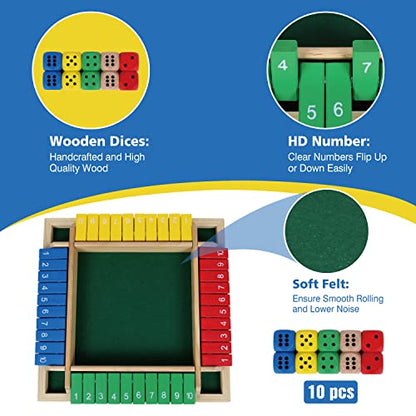 GOTHINK 1-4 Player Shut The Box Dice Game, 11.5-inch Wooden Board Table Math Game with 10 Dices - Math & Decision Skills for Adults/Kids, Perfect for Home Class Parties & Pubs - Classic Tabletop Fun - color: Colorful - 11.5 Inch
