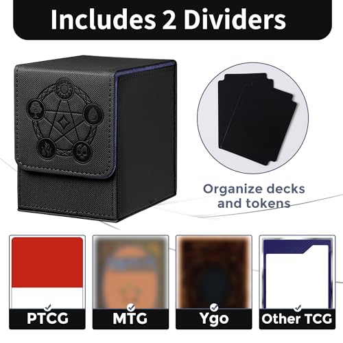 Card Deck Box with 2 Dividers, MTG Commander Deck Box Holds 100+ Double-Sleeved Cards, Leather Magnetic Deck Case Compatible with Magic TCG CCG Cards, Black - color: 2. Black 04, size: 100 Double-sleeved Cards Vertical