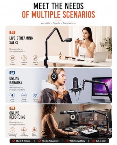 Low Profile Mic Arm for Lightweight Mics, Foldable Boom Arm with Desk Clamp, Mic Clip & 1/4" 3/8" 5/8" Adapters, 360° Metal Ball Head for Podcasting, Streaming & Gaming
