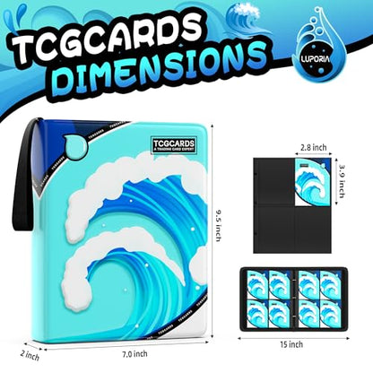 Trading Card Binder 4 Pocket,400 Pocket Card Collection Binder with 50 Removable Sleeves,PU Waterproof Top Card Book,3-Ring Zipper Collectible Trading Card Album for MTG/TCG/Card Holder Gift（Water） - color: Water, size: Small