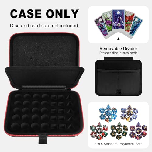 Hard DND Dice Case for 5 Polyhedral Dice Sets, Case Only | Hard shell dice case, holds 5 polyhedral sets, with removable divider and dual mesh pockets for DND/RPG game nights - color: Red