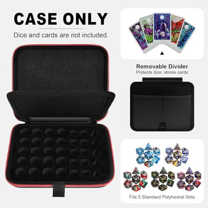 Hard DND Dice Case for 5 Polyhedral Dice Sets, Case Only | Hard shell dice case, holds 5 polyhedral sets, with removable divider and dual mesh pockets for DND/RPG game nights - color: Red