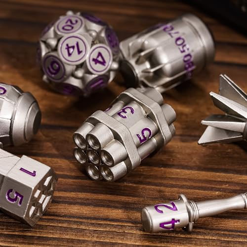 UDIXI Metal DND Dice Set 7PCS Nickel RPG Polyhedral Metal D&D Dice Set | Bomb Shape, Purple Numbers, Solid Metal, Cool Design, Leather Pouch Pakaging, for Dungeons and Dragons Role Playing Games - color: Nickel Purple
