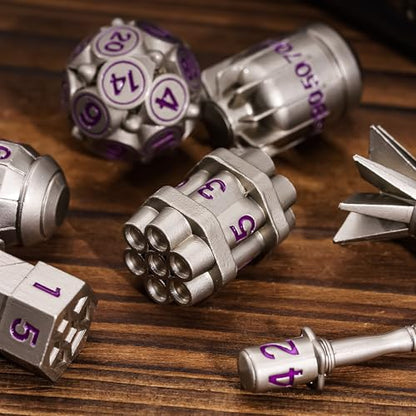 UDIXI Metal DND Dice Set 7PCS Nickel RPG Polyhedral Metal D&D Dice Set | Bomb Shape, Purple Numbers, Solid Metal, Cool Design, Leather Pouch Pakaging, for Dungeons and Dragons Role Playing Games - color: Nickel Purple