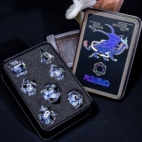 Roycevon Resin DND Dice Set with Gift Box, 7Pcs Liquid Core Cat D&D Dice, Cute Dungeons Dragons D and D Dice, Sharp Edge Role Playing Game Dice D20 D12 D10 D8 D6 D4, White - color: White