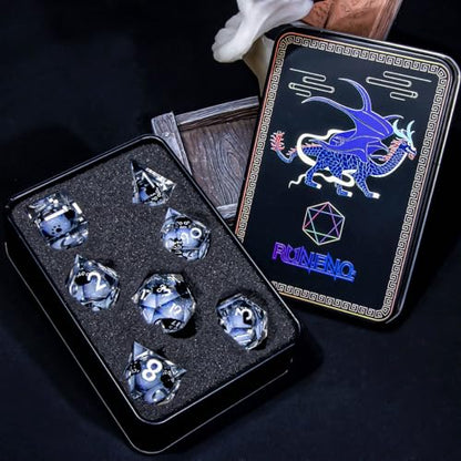 Roycevon Resin DND Dice Set with Gift Box, 7Pcs Liquid Core Cat D&D Dice, Cute Dungeons Dragons D and D Dice, Sharp Edge Role Playing Game Dice D20 D12 D10 D8 D6 D4, White - color: White