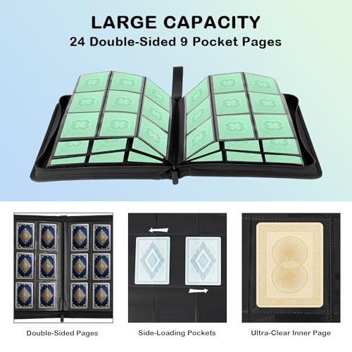 Prilino Ringless Trading Card Binder, 9 Pocket, 432 Storage Capacity, Black | Premium Double-Sided PU Leather & Side Load Design, Smooth Page Turning, Tight Zip Closure, Conveniently Fits Sleeved Cards - color: Black