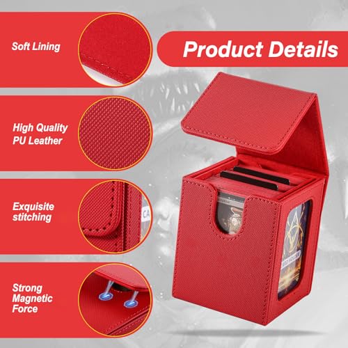 MTG Deck Box, Double Display Window MTG, Commander Deck Box Fits 120+ Single Sleeved Cards, PU Leather Magnetic Closure Card Box with 2 Dividers&2 Toploaders for TCG, CCG, Red - color: Red, size: 1 pack