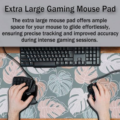 Large Desk Mat Green, Gaming Mouse Pads Office Desk Pad, Keyboard Desk Mat Non-Slip Rubber Base Waterproof with Stitched Edges, 35.4 X 15.7 inch for Work/Game/Office/Home Tropical Monstera - color: Tropical Green Monstera