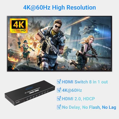 4K@60Hz HDMI Switch 8 in 1 Out, HDMI Switcher Selector Box with IR Remote Control, Support 4K 60Hz Ultra HDR HDCP 3D for Xbox PS5 PS4 Xbox PC Laptop