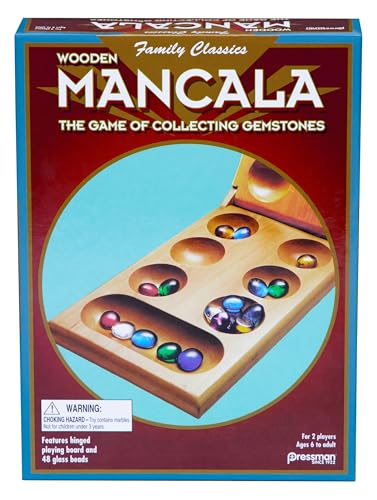 Pressman Mancala Board Game | Fun Classic Table for Adults & Kids | Includes 48 Glass Mancala Stones and Wood Hinged Playing Board | 2 Players, Ages 6+ - size: 1 pack