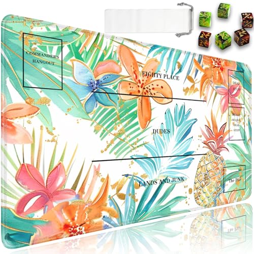 JVGFYNKL for MTG Playmat, 24 x 14 in for TCG Playmat with Zones,Trading Card Game Playmats with Storage Bag and 6 Dice, White for MTG Table Mat Card Accessories, Pineapple Leaf Pattern - color: JV-Playmat-5K-4-F145