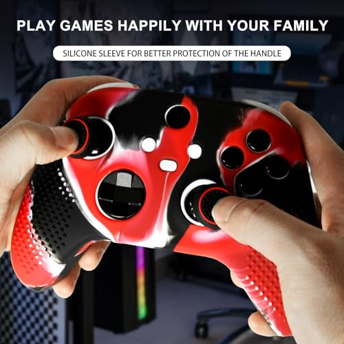 Anti-Slip Red Black Controller Skin,Studded Edition Protective Silicone Cover Skin Grips Compatible with Xbox Series X/S Controller and 6 PCS Thumb Grips Caps. - color: Red Black